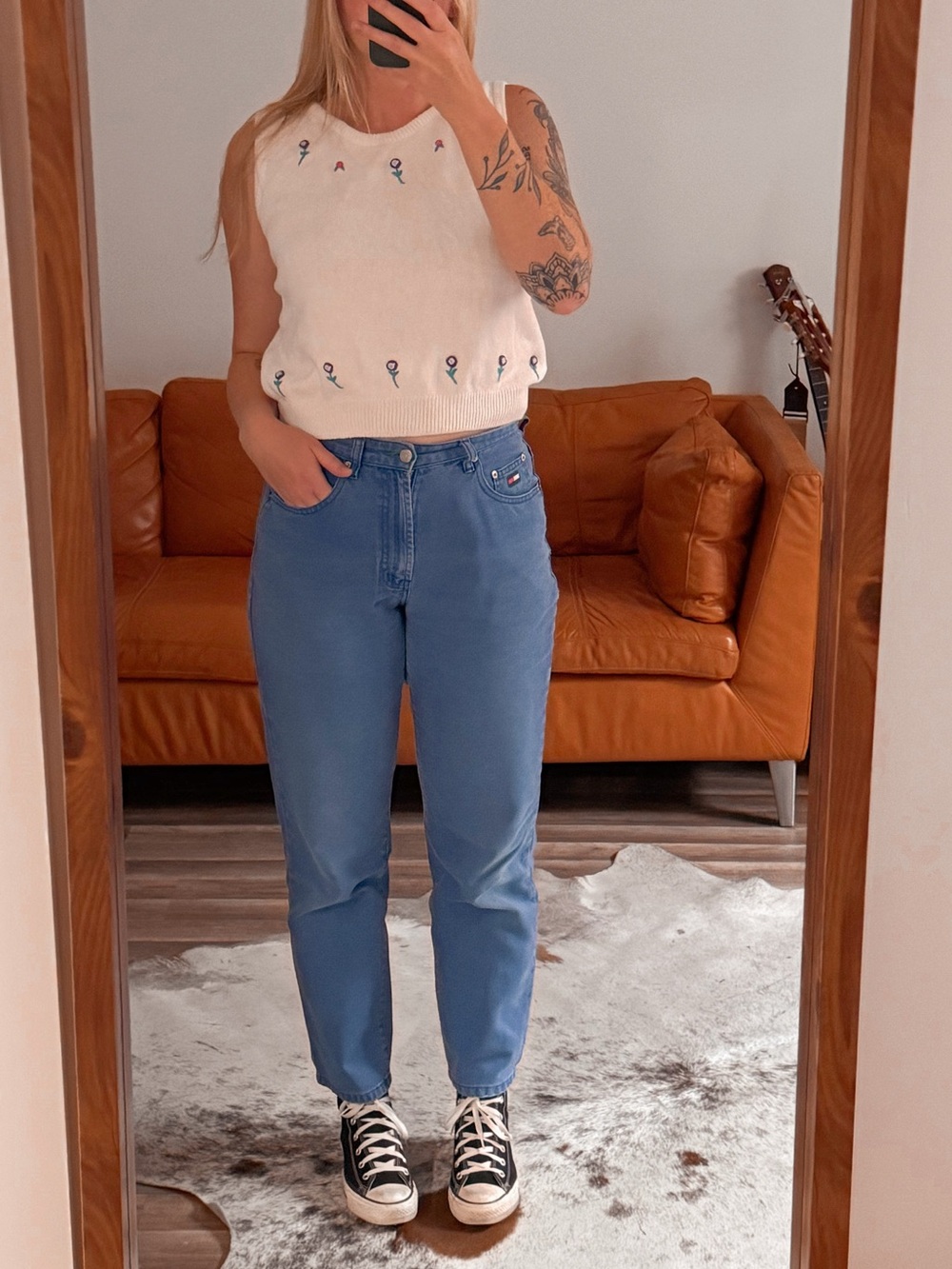 Vintage 90s Tank Sweater with Embroidered Floral Detail